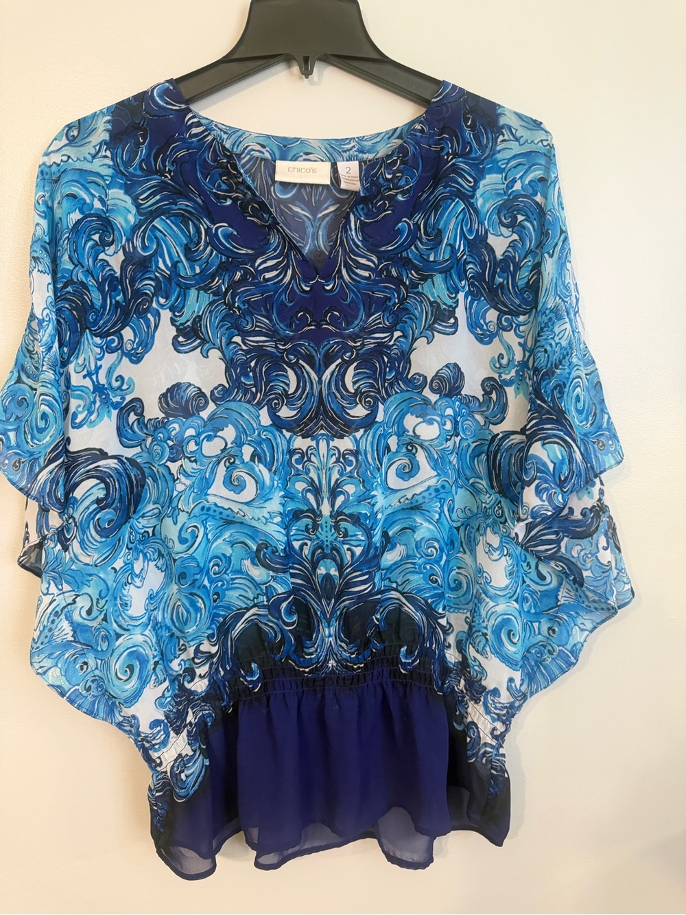Chico's Blue Swirl Print Sheer V neck elastic waist Butterfly sleeve size L